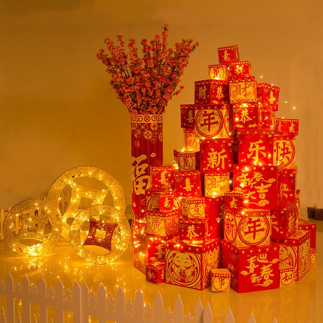 春节新年装饰品商场场景布置摆件鞭炮桃花树坐炮金元宝礼盒堆头-tmall.com天猫