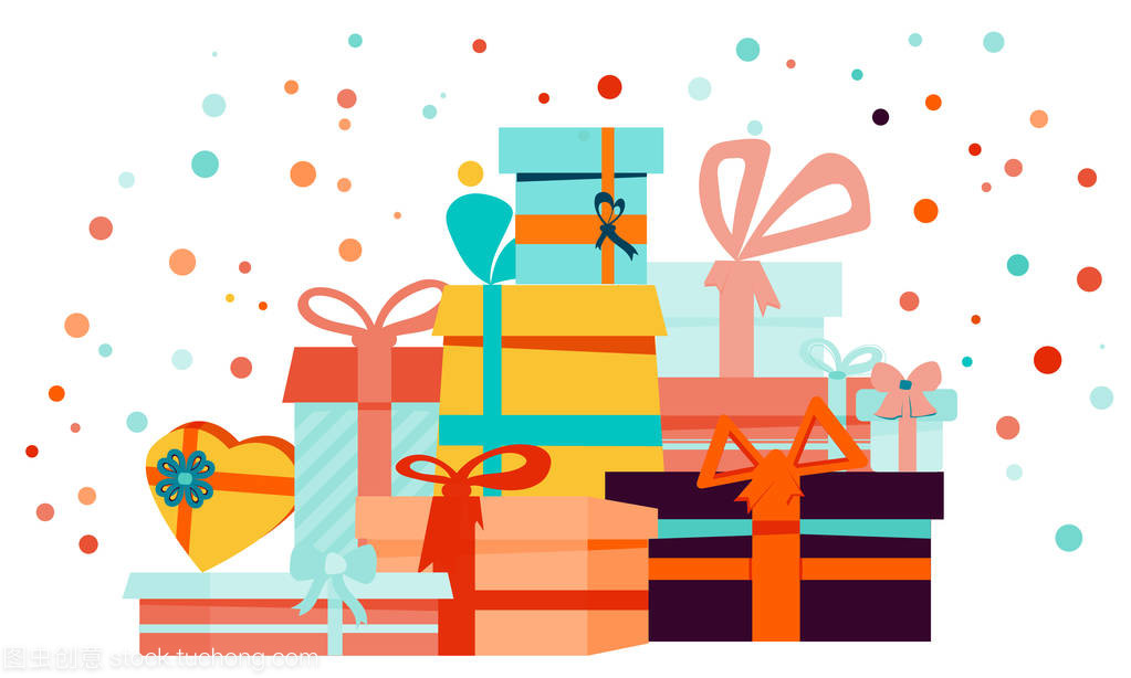 礼品盒卡通套与广场、 心和圆形状框和孤立的白色衬底上的纸屑。可以用于节日促销,横幅